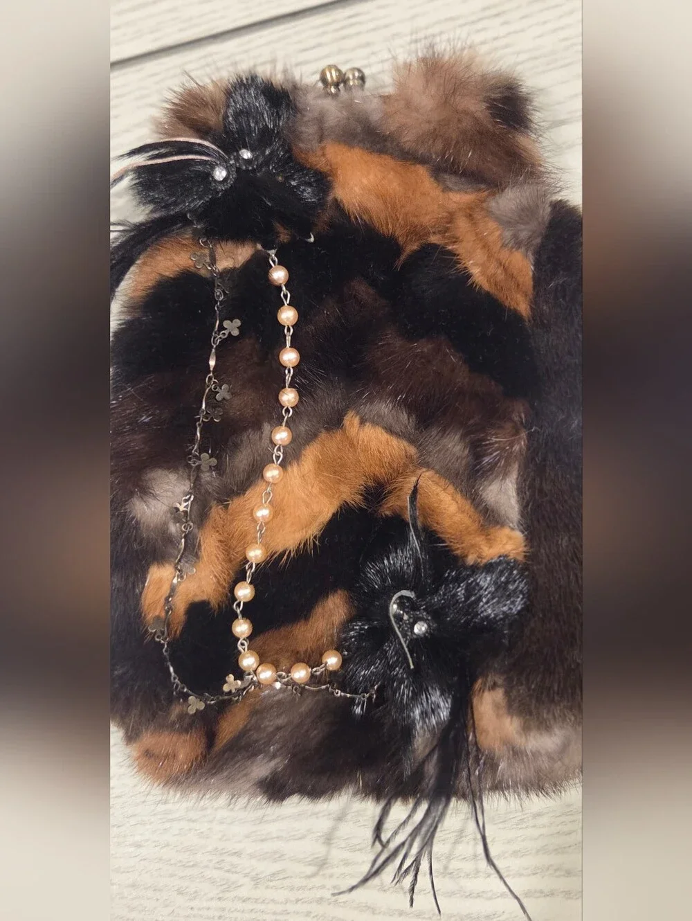 Mary Frances Faux Fur Brown & Black Evening Clutch with Pearl Chain